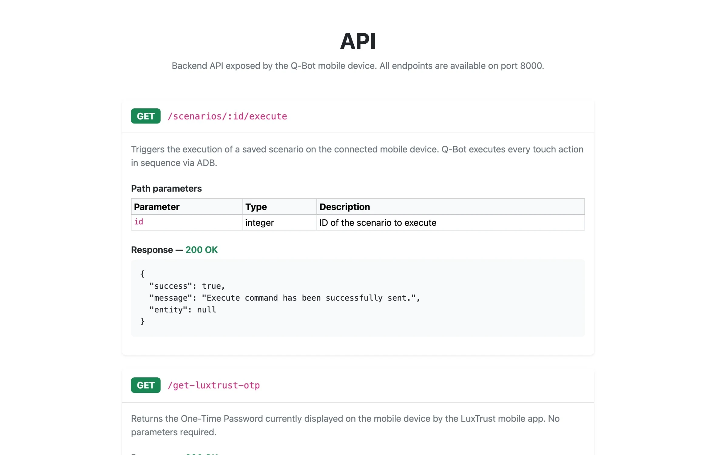 Documentation de l'API REST de Q-Bot : le point d'entrée GET /scenarios/:id/execute avec son paramètre id et sa réponse JSON, suivi de GET /get-luxtrust-otp.