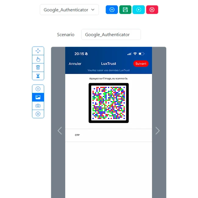 Éditeur de scénarios de l'interface web Q-Bot&nbsp;: la barre de commandes, la palette d'outils (déplacer, appui, supprimer, temps d'attente) et l'écran du téléphone sous test, où l'application LuxTrust affiche un code couleur à scanner et un champ OTP. Trois repères numérotés désignent la capture de l'écran, la palette d'outils et le bouton de lecture.