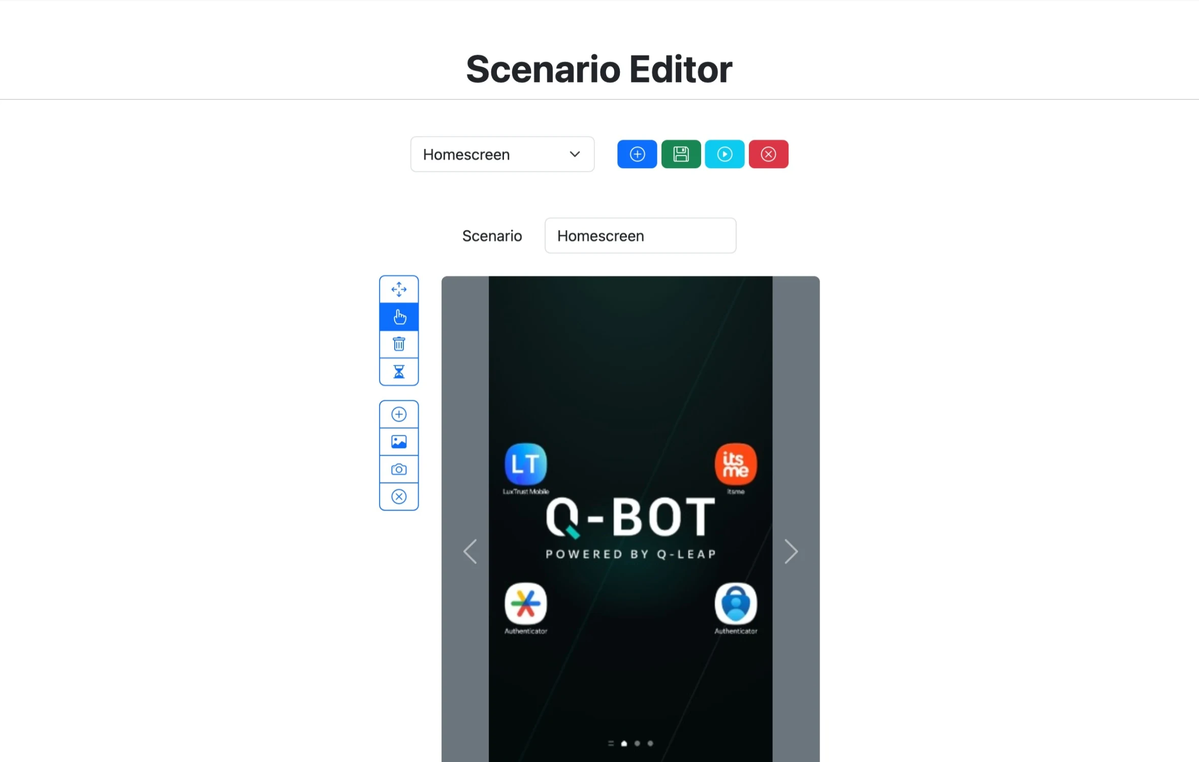 Éditeur de scénarios de l'interface web Q-Bot : le scénario « Homescreen » sélectionné, la palette d'outils (déplacer, appui, supprimer, temps d'attente) et l'écran du téléphone sous test, où l'on voit les applications LuxTrust Mobile, itsme, Google Authenticator et Microsoft Authenticator.
